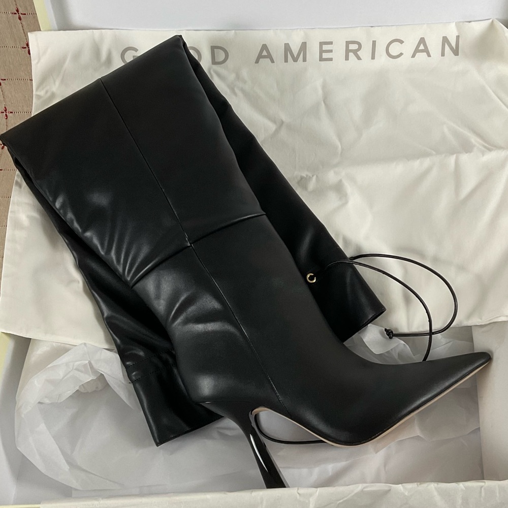 Good American “Carla” Over The Knee Black Boots Ultra High Spool Heel Sz 10
